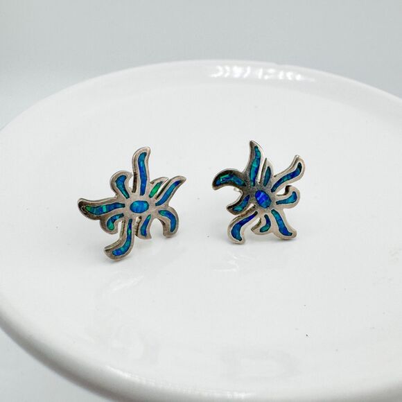 925 Sterling Silver Opal Inlay Blue Abstract Starburst Stud Earrings Southwester - Picture 5 of 8